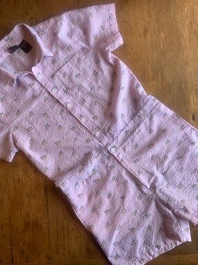 MAD Engine Pink Seersucker Button Down Gay Pride Flag Romper
